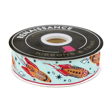 Renaissance Ribbon 3 2 1 Blastoff Retro Rocket Band Blau 1 Yard