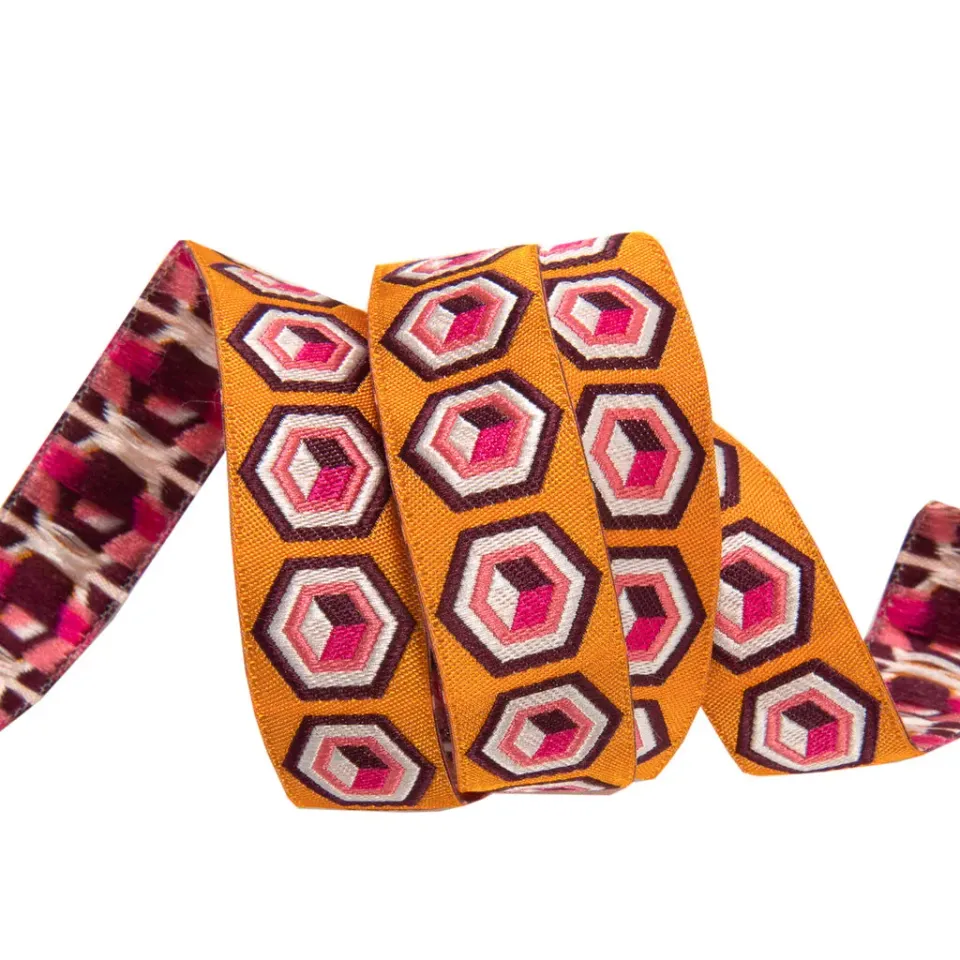Renaissance Ribbon Hexagon Jacquard-Webband Orange-Pink 7/8" 1 Yard