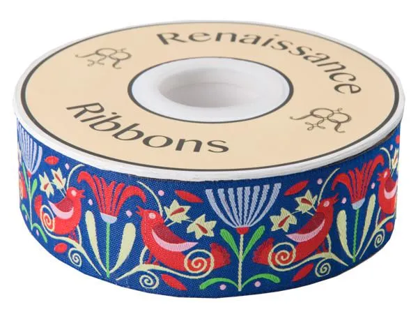Renaissance Ribbon Red Art Deco Birds on indigo Band 1,5 Zoll Polyester