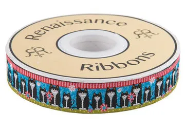 Renaissance Ribbon Black Cats on Blue Jacquardband 7/8 Zoll 1 Yard