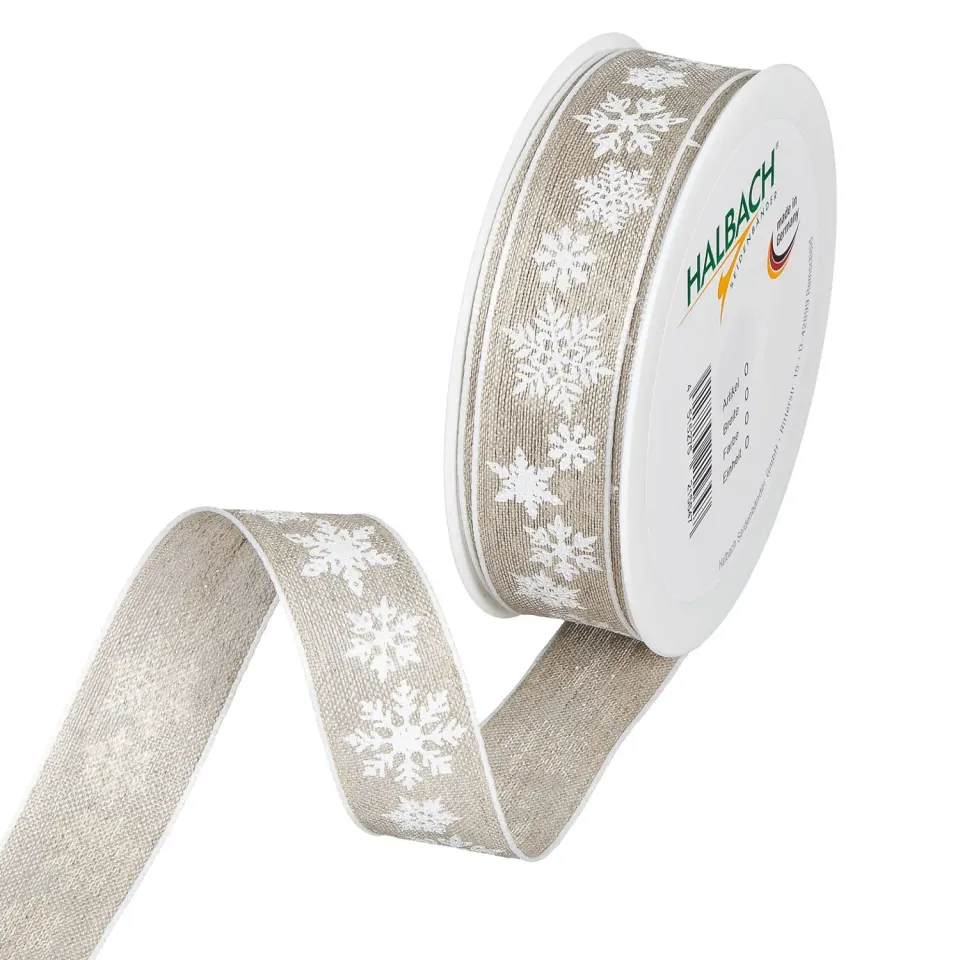 Halbach Leinen-Druckband Schneesterne Geschenkband 25mm x 15m Drahtkante