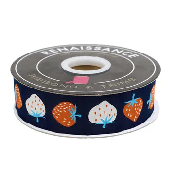 Renaissance Ribbon Strawberry Navy Jacquardband 1 Yard Erdbeere