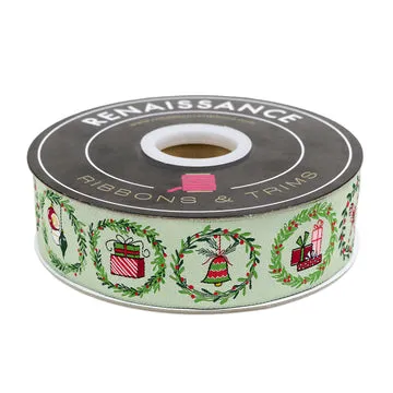 Renaissance Ribbon Mistletoe and Holly Wreaths Webband blau 38mm