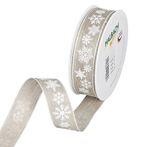Halbach Leinen-Druckband Schneesterne Geschenkband 25mm x 15m Drahtkante
