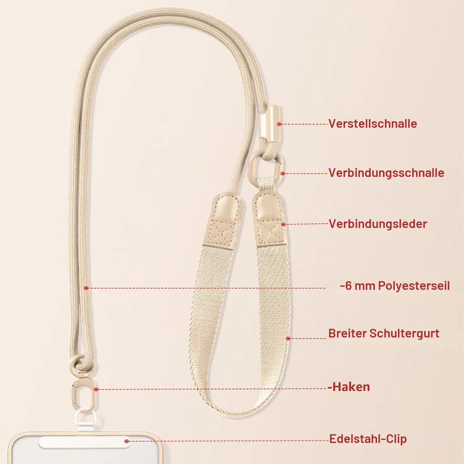 MORSUNBELA Handykette Universal Handyband beige verstellbar