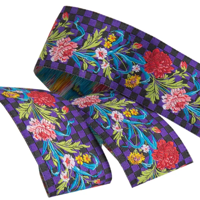Renaissance Ribbon Floral Purple Checkerboard Webband 1-1/2" 1 Yard