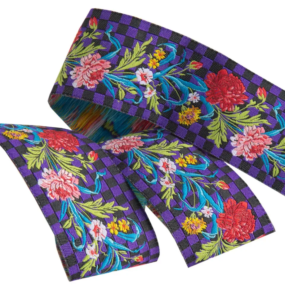 Renaissance Ribbon Floral Purple Checkerboard Webband 1-1/2" 1 Yard