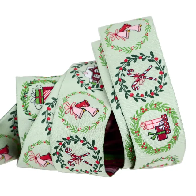 Renaissance Ribbon Mistletoe and Holly Wreaths Webband blau 38mm