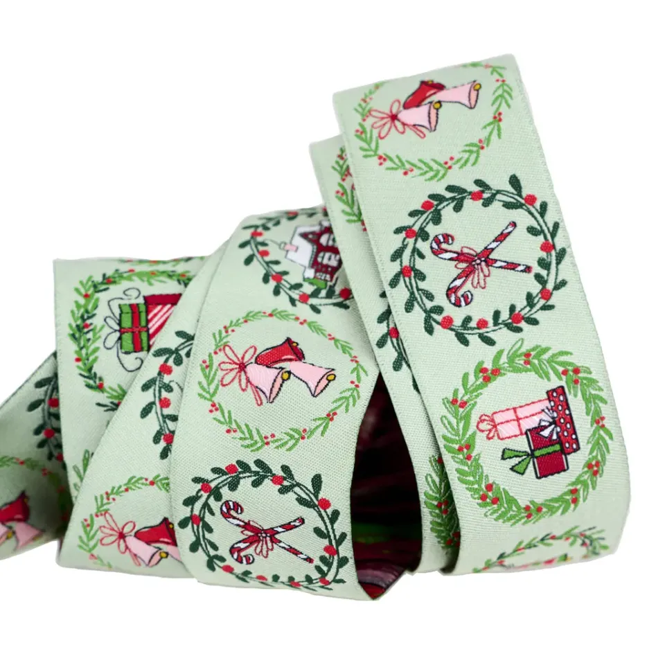 Renaissance Ribbon Mistletoe and Holly Wreaths Webband blau 38mm