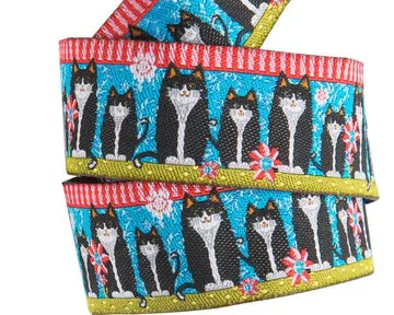 Renaissance Ribbon Black Cats on Blue Jacquardband 7/8 Zoll 1 Yard