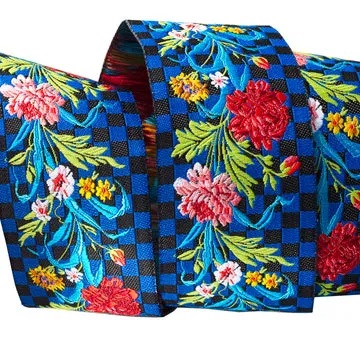 Renaissance Ribbon Odile Flowers Checkerboard Band 1-1/2" Yard