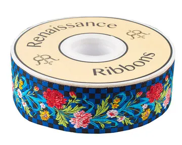 Renaissance Ribbon Odile Flowers Checkerboard Band 1-1/2" Yard
